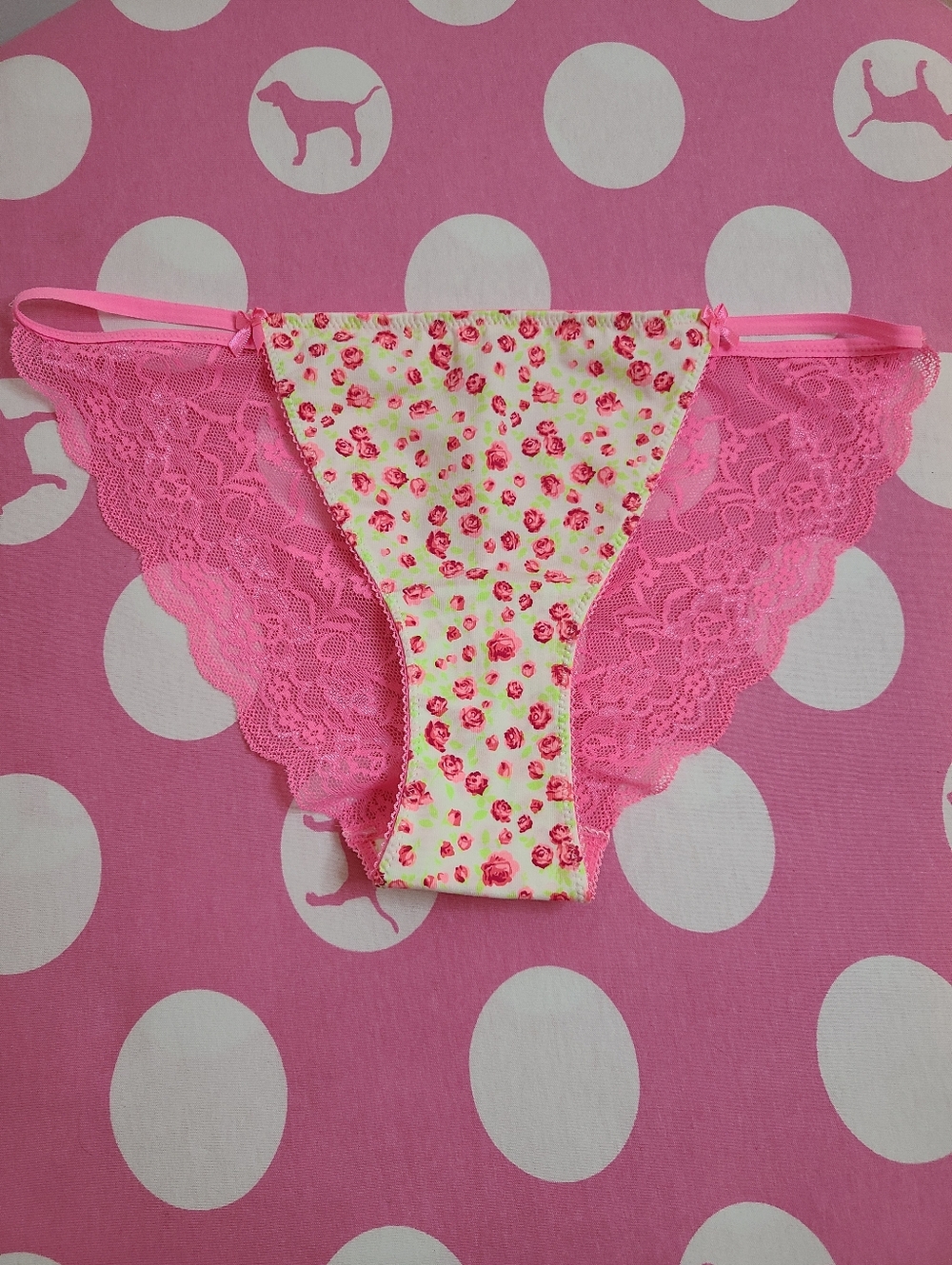 New VTG VS PINK Classic Cotton Low Rise Lace Back String Bikini Panty Size Lg